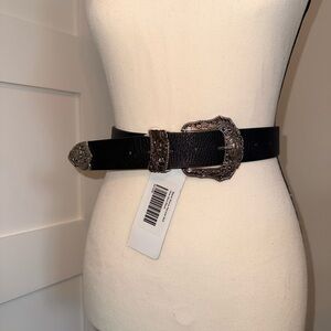 Black Western-Style Belt with Embossed Silver Buckle